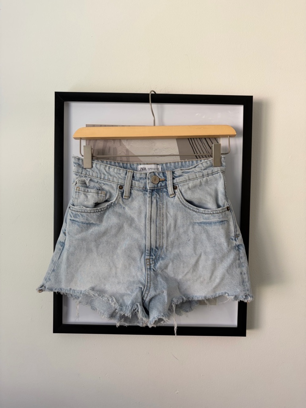 Zara Light Blue Frayed High-Rise Denim Shorts
